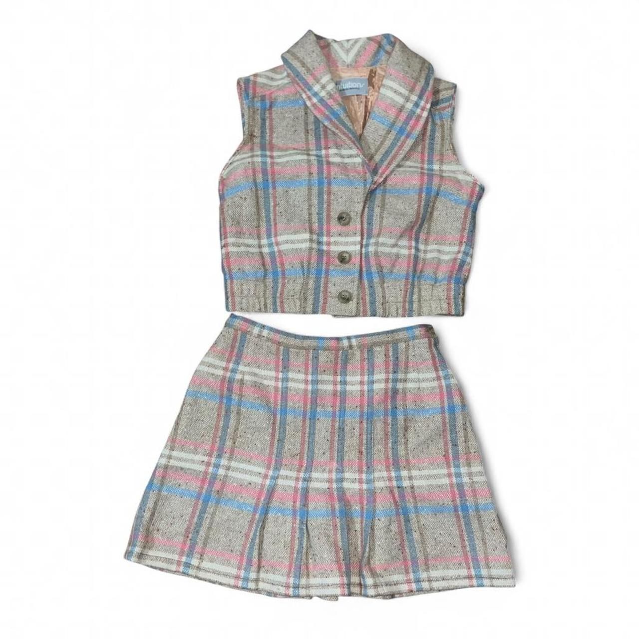 Vintage 1980s 1990s Intuition Pink And Blue Wool Plaid Skirt And Vest Sz Xs